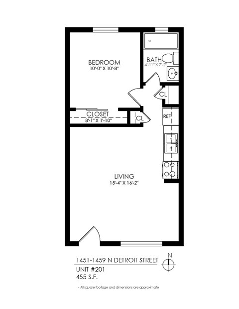 Floor plan for 1 bed, 1 bath, 510 sqft